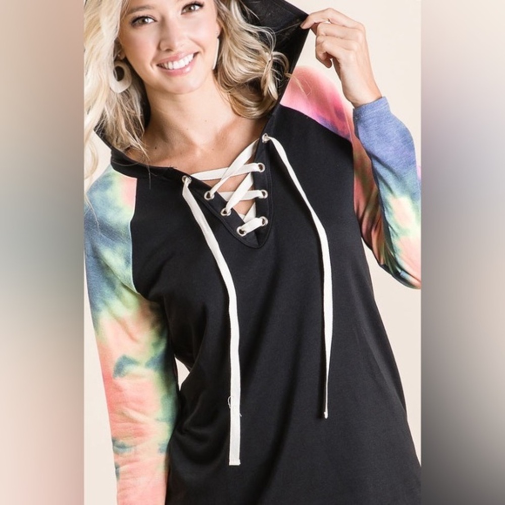 BiBi French Terry Lace Up Hoodie With Tie Dye Sleeves